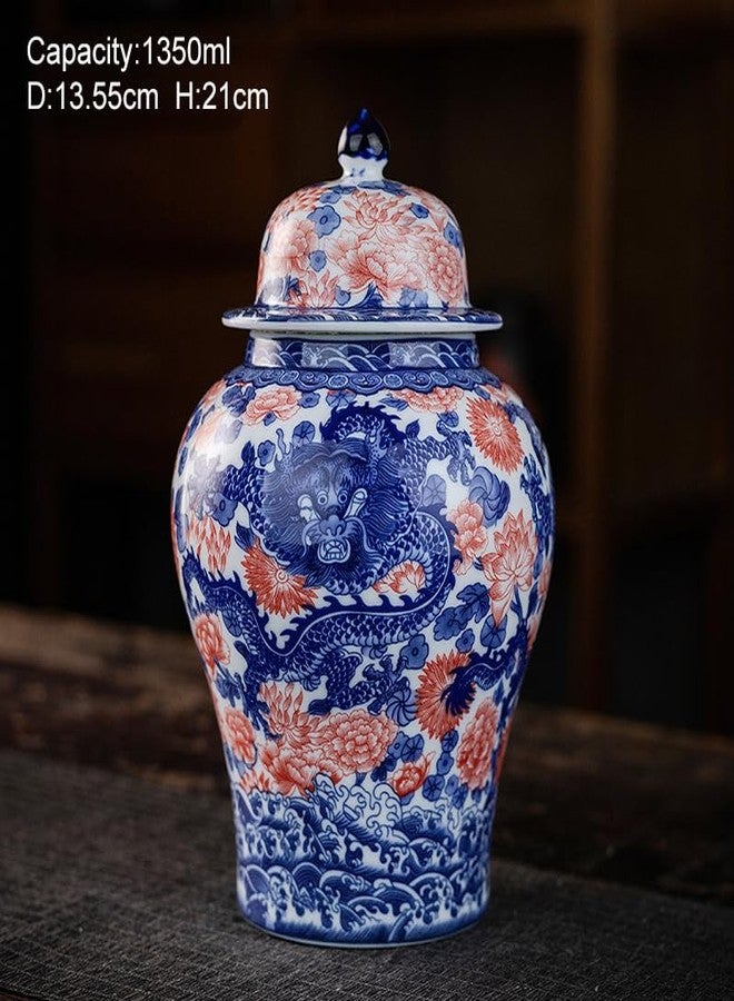 SILINE Porcelain Airtight Canister 45 Oz/1350ml, Blue White with Red Glazed Ceramic Large Food Storage Jar, Home Décor,Room Office Decoration -Dragon - Image 2